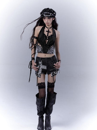 WSW WUSHENWU Punk Rivet Low Rise Denim Shorts With Detachable Pearl Chain