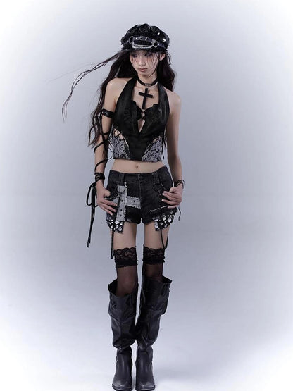 Punk Rivet Low Rise Denim Shorts With Detachable Pearl Chain