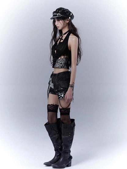 Punk Rivet Low Rise Denim Shorts With Detachable Pearl Chain