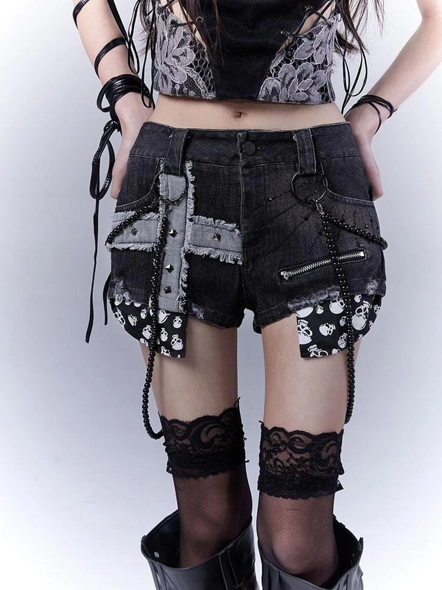 Punk Rivet Low Rise Denim Shorts With Detachable Pearl Chain