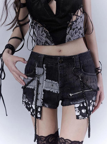 Punk Rivet Low Rise Denim Shorts With Detachable Pearl Chain