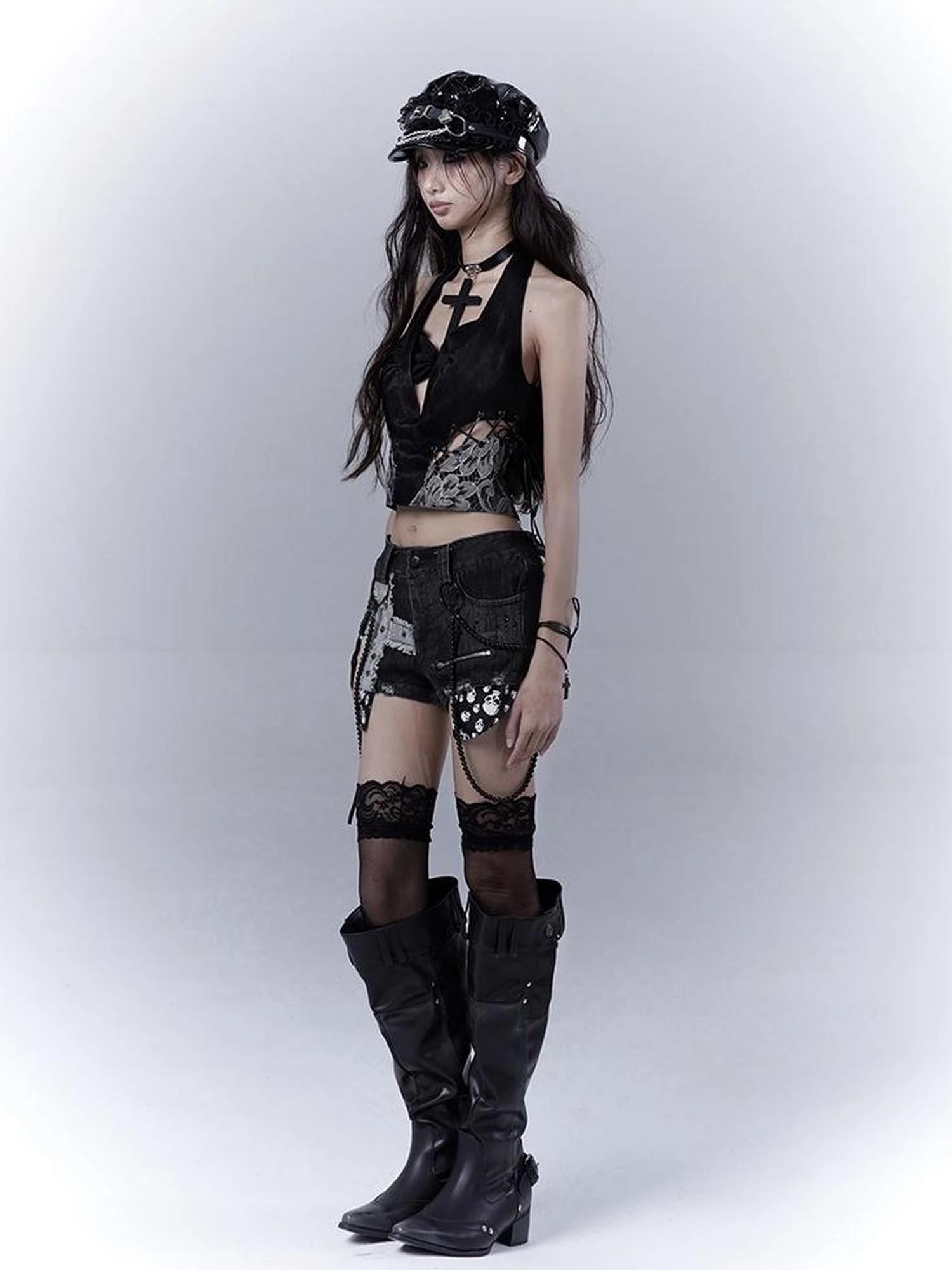 Punk Rivet Low Rise Denim Shorts With Detachable Pearl Chain