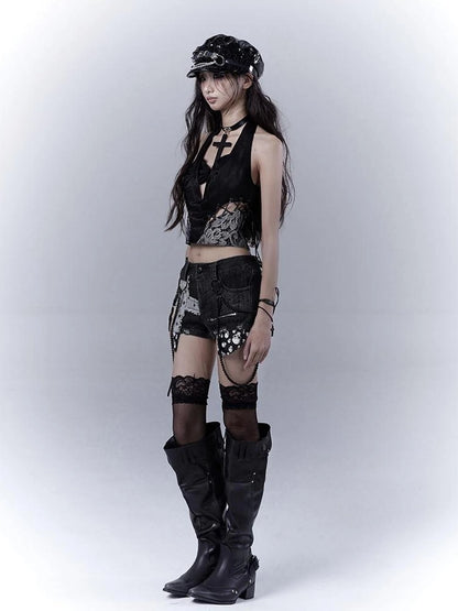 Punk Rivet Low Rise Denim Shorts With Detachable Pearl Chain