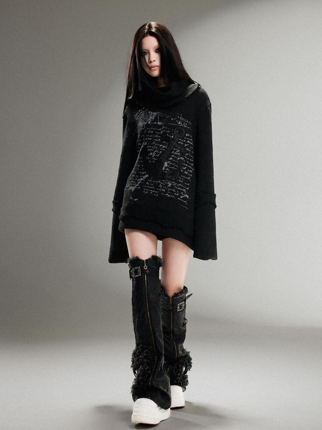 ARIADNAw Punk Rock Anchor Print Fringe Turtleneck Sweater For Women