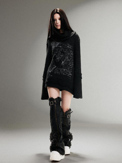 ARIADNAw Punk Rock Anchor Print Fringe Turtleneck Sweater For Women