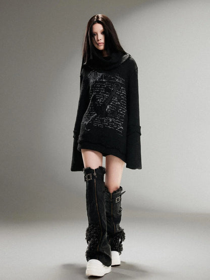 Punk Rock Anchor Print Fringe Turtleneck Sweater For Women