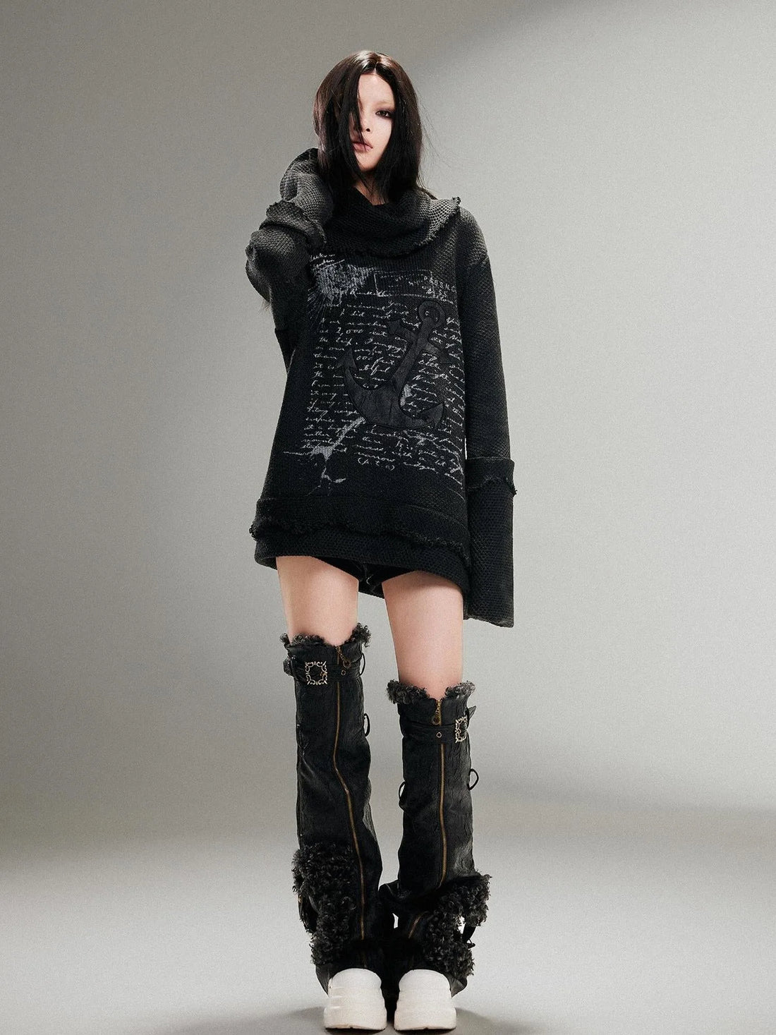 Punk Rock Anchor Print Fringe Turtleneck Sweater For Women