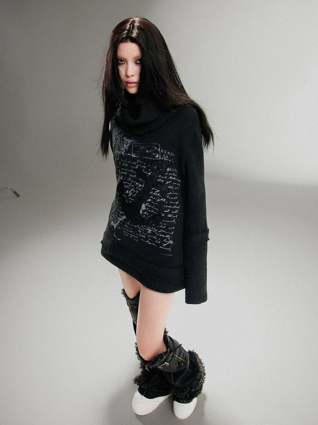 Punk Rock Anchor Print Fringe Turtleneck Sweater For Women