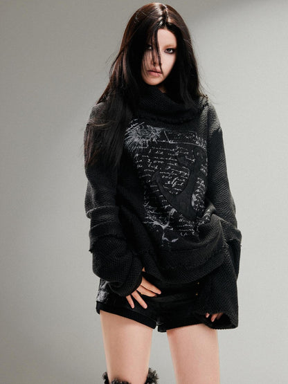 ARIADNAw Punk Rock Anchor Print Fringe Turtleneck Sweater For Women