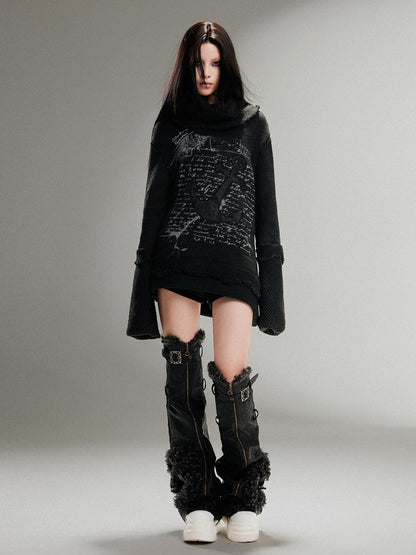 ARIADNAw Punk Rock Anchor Print Fringe Turtleneck Sweater For Women