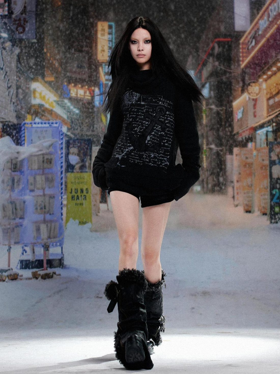 ARIADNAw Punk Rock Anchor Print Fringe Turtleneck Sweater For Women