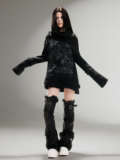 ARIADNAw Punk Rock Anchor Print Fringe Turtleneck Sweater For Women