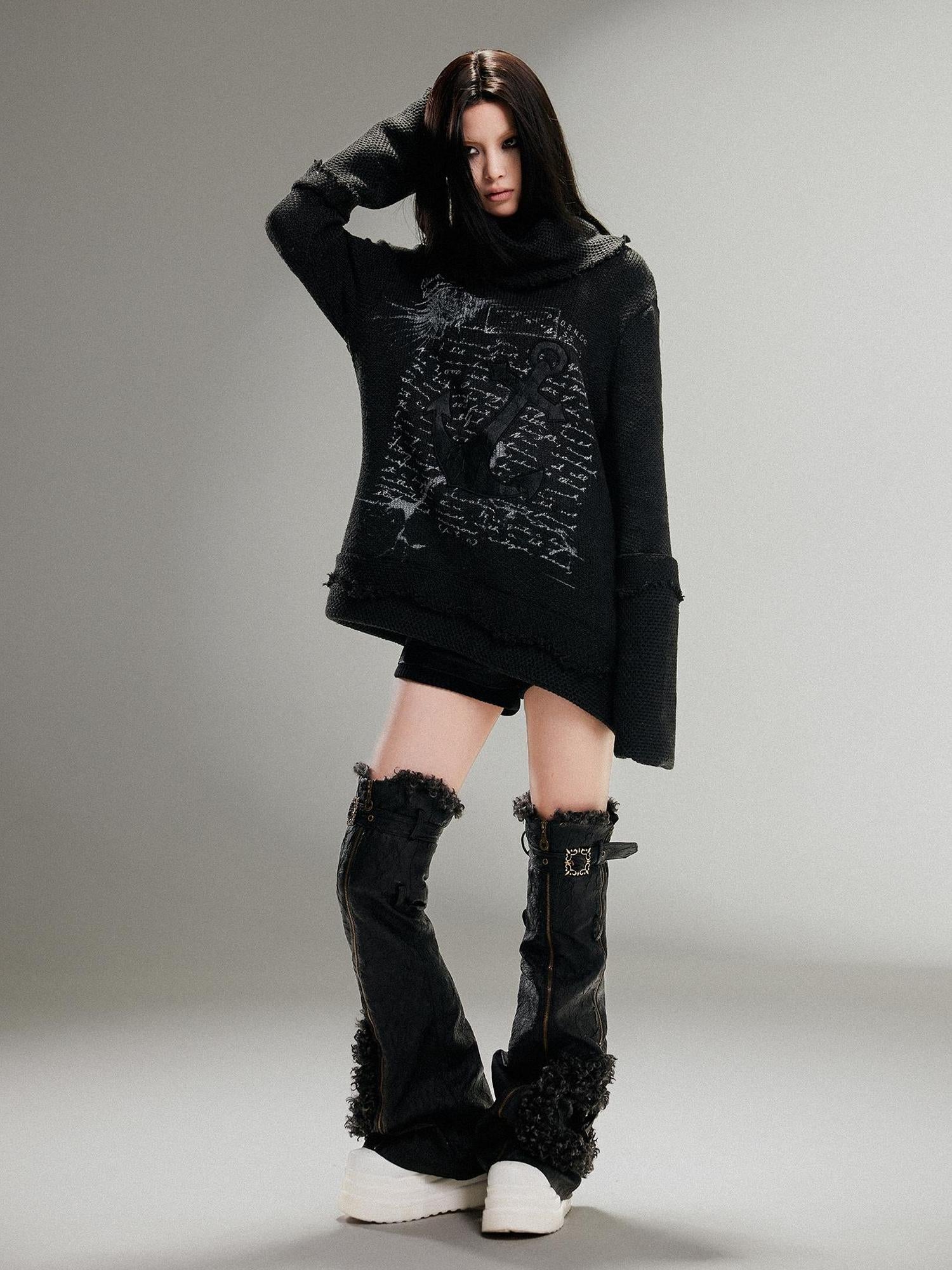 ARIADNAw Punk Rock Anchor Print Fringe Turtleneck Sweater For Women