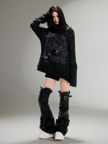 ARIADNAw Punk Rock Anchor Print Fringe Turtleneck Sweater For Women