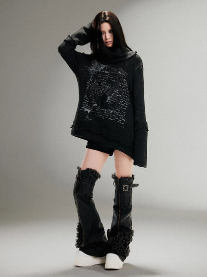 Punk Rock Anchor Print Fringe Turtleneck Sweater For Women