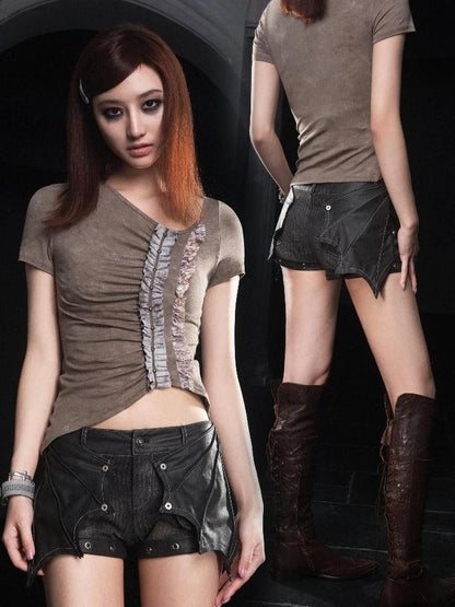 Punk Rock Batwing Denim Shorts Low Rise Slim Fit