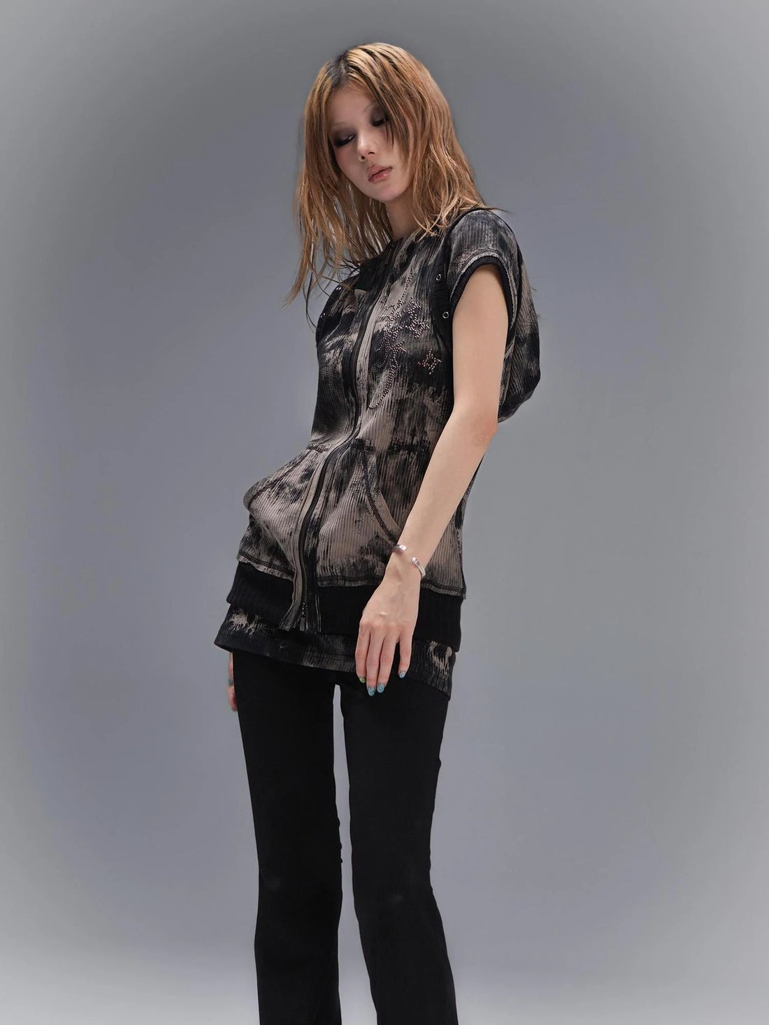 Punk Rock Embellished Hooded Tee Gothic Streetwear Top