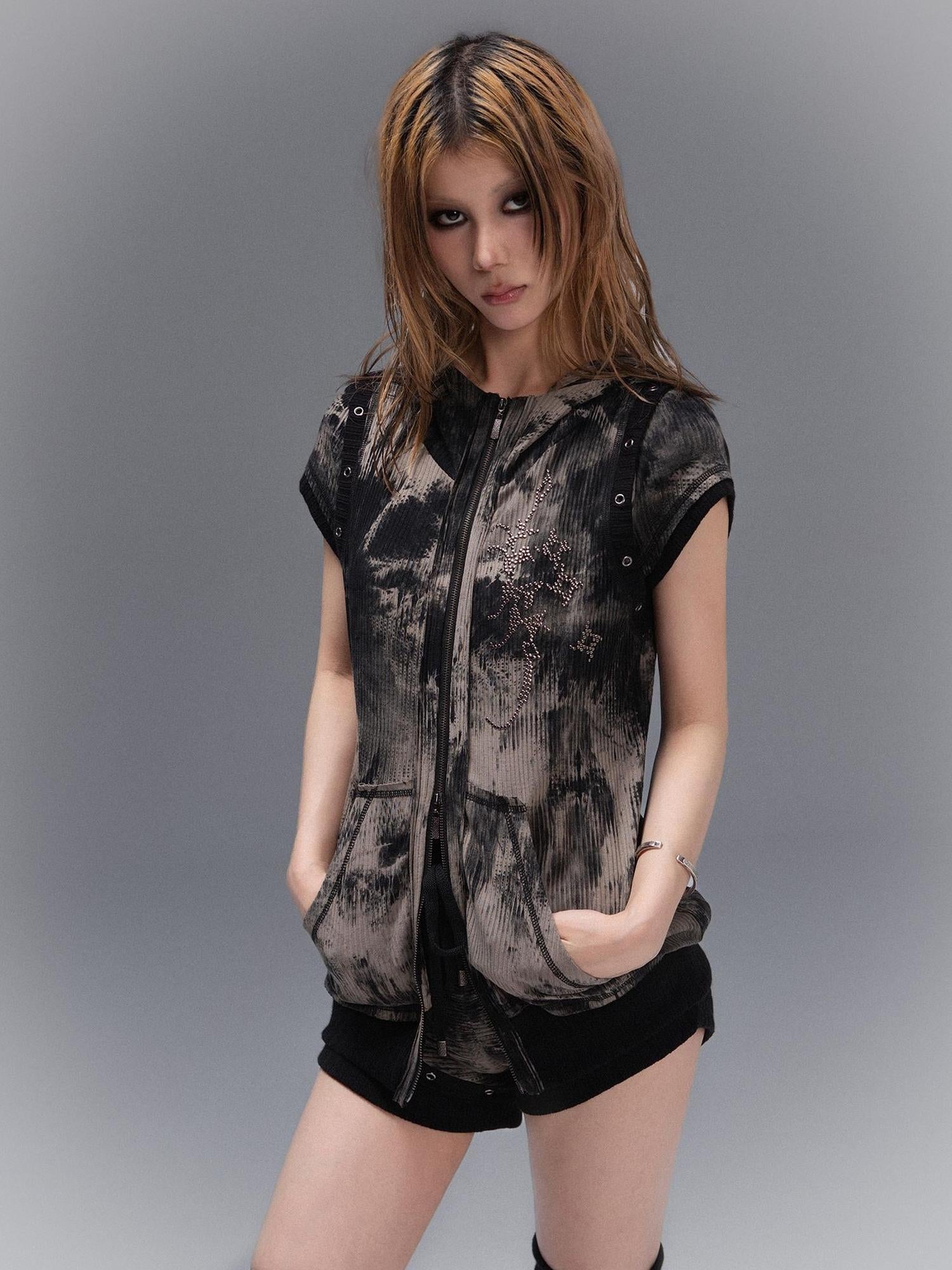 ARIADNAw Punk Rock Embellished Hooded Tee Gothic Streetwear Top