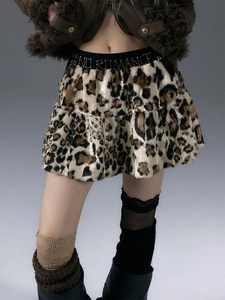 Punk Rock Furry Leopard Print Winter Fluffy Mini Skirt Dresses