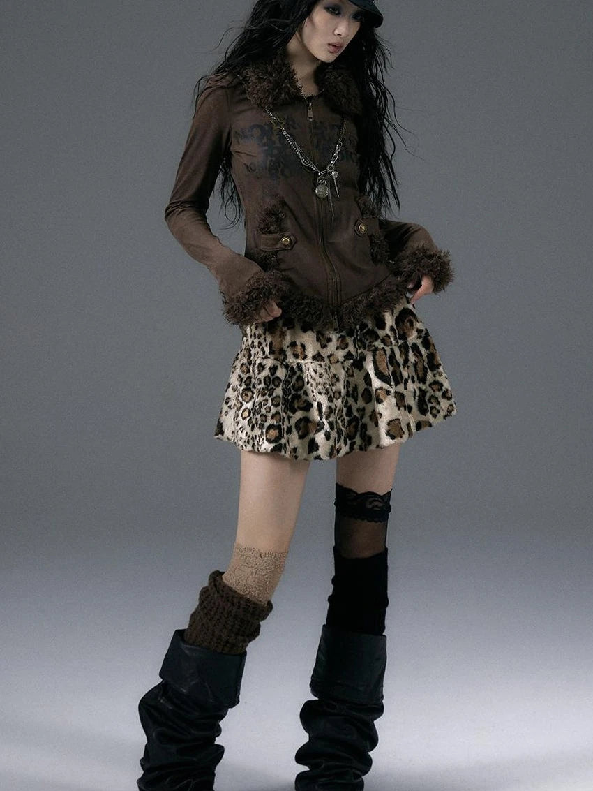 Punk Rock Furry Leopard Print Winter Fluffy Mini Skirt Dresses