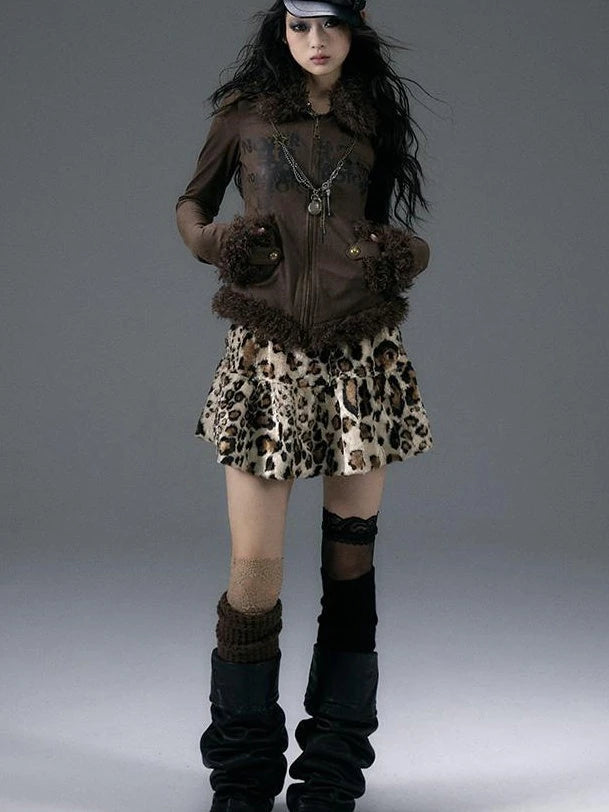 Punk Rock Furry Leopard Print Winter Fluffy Mini Skirt Dresses