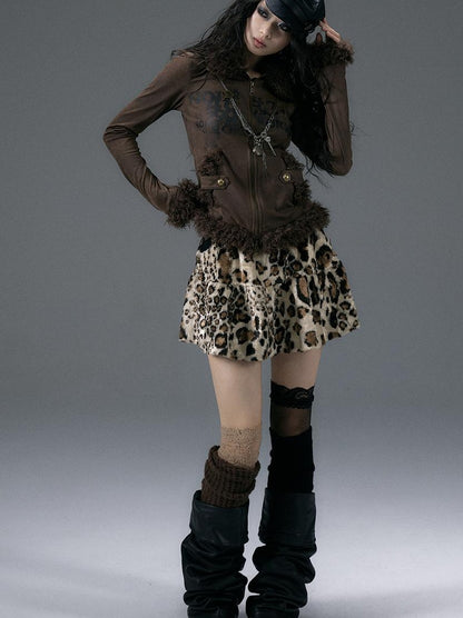 NO ROMANCE Punk Rock Furry Leopard Print Winter Fluffy Mini Skirt Dresses