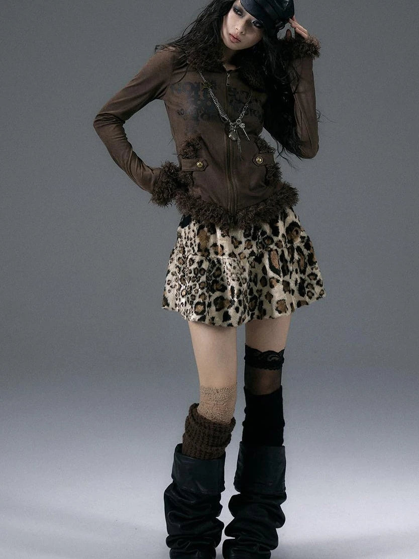 Punk Rock Furry Leopard Print Winter Fluffy Mini Skirt Dresses