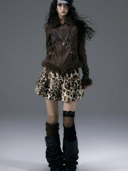 Punk Rock Furry Leopard Print Winter Fluffy Mini Skirt Dresses