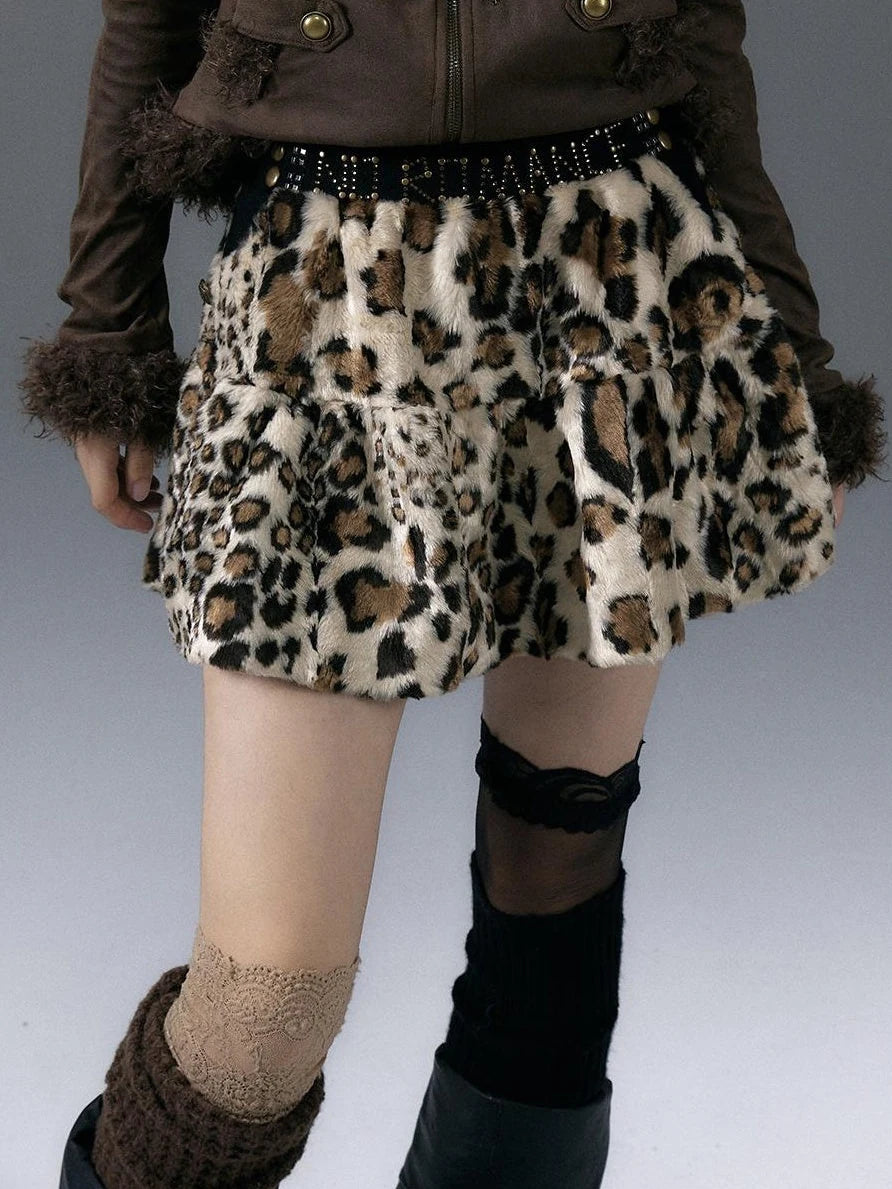 Punk Rock Furry Leopard Print Winter Fluffy Mini Skirt Dresses