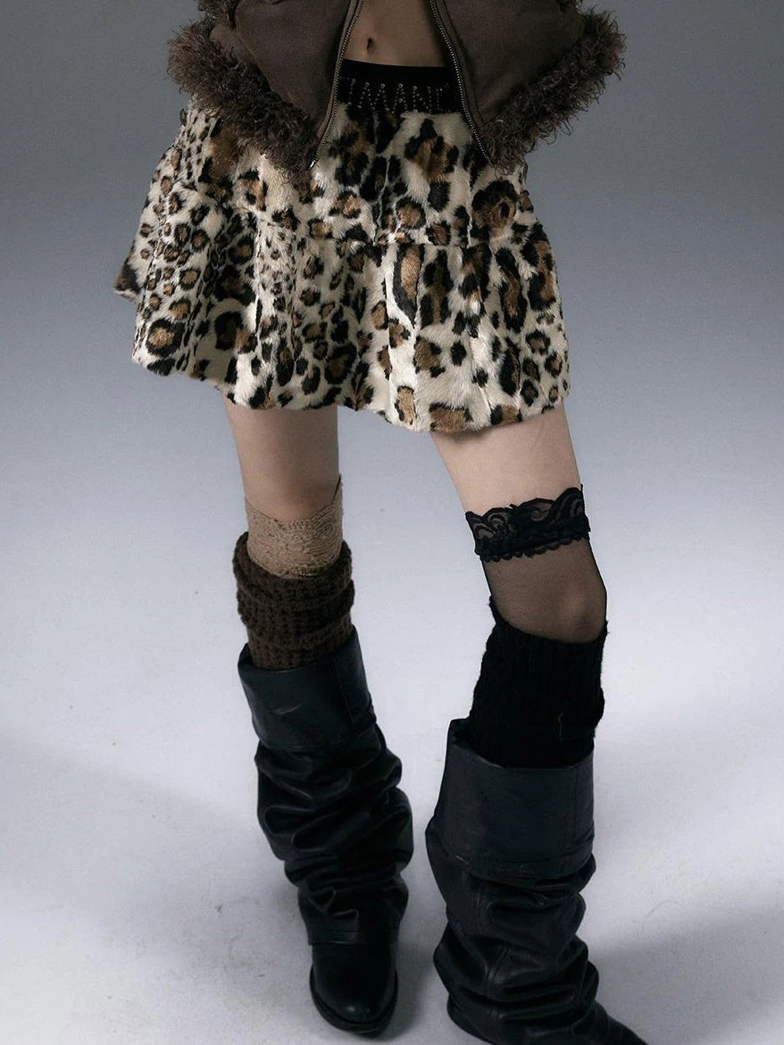 Punk Rock Furry Leopard Print Winter Fluffy Mini Skirt Dresses