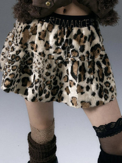 Punk Rock Furry Leopard Print Winter Fluffy Mini Skirt Dresses