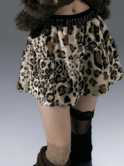 Punk Rock Furry Leopard Print Winter Fluffy Mini Skirt Dresses
