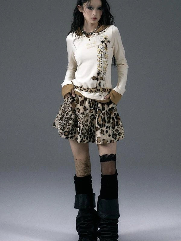 Punk Rock Furry Leopard Print Winter Fluffy Mini Skirt Dresses