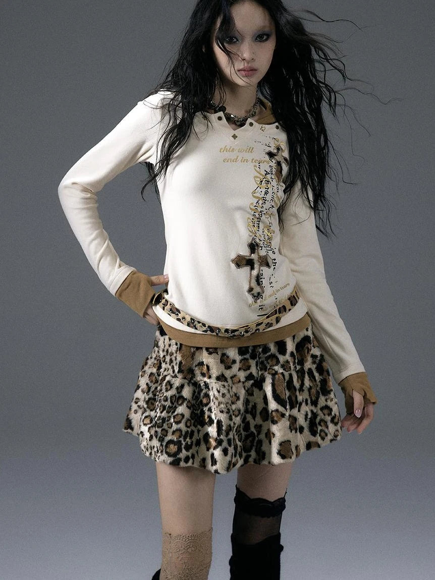 Punk Rock Furry Leopard Print Winter Fluffy Mini Skirt Dresses