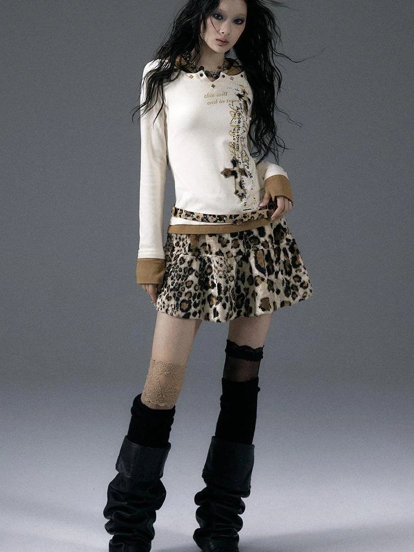 Punk Rock Furry Leopard Print Winter Fluffy Mini Skirt Dresses