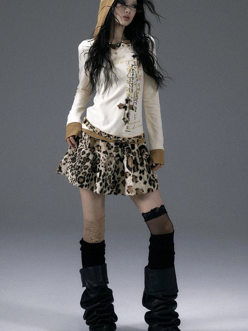 Punk Rock Furry Leopard Print Winter Fluffy Mini Skirt Dresses
