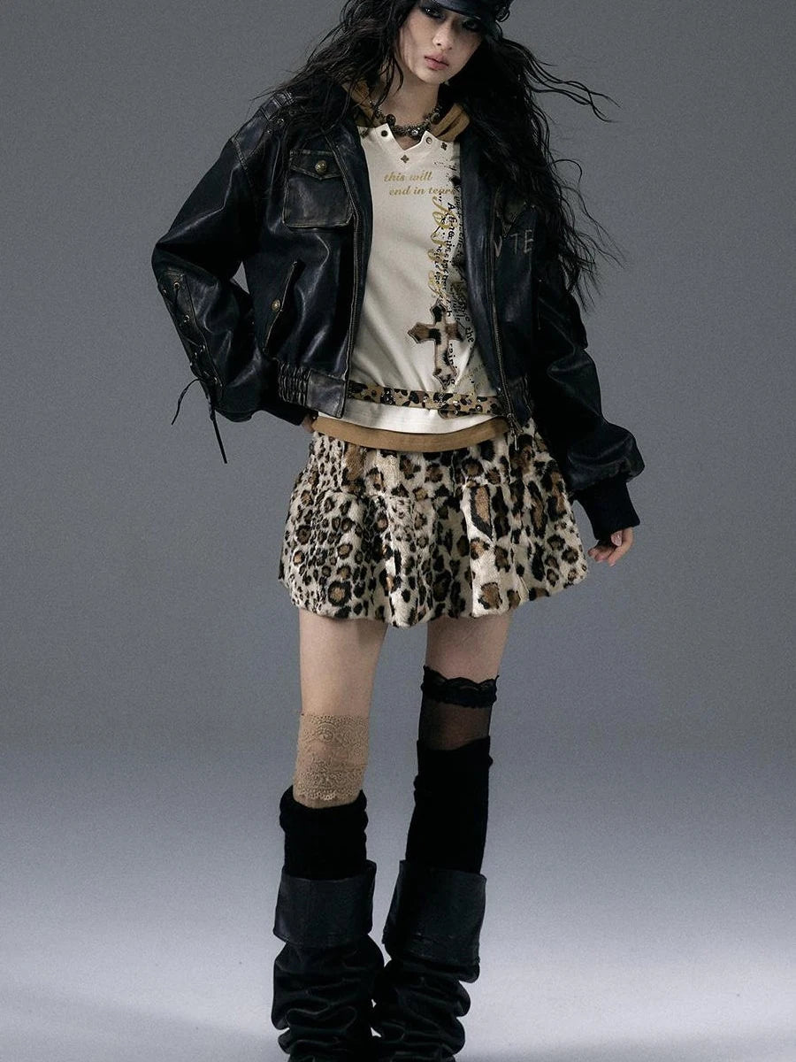 Punk Rock Furry Leopard Print Winter Fluffy Mini Skirt Dresses