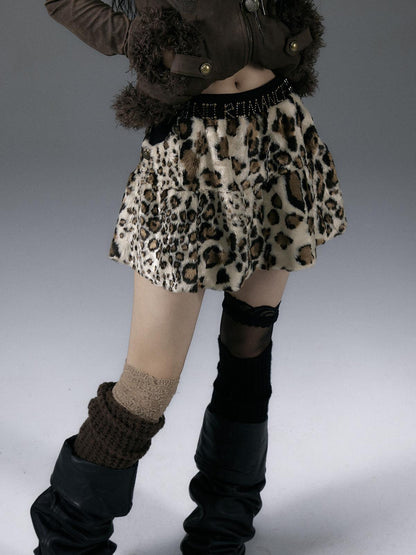 NO ROMANCE Punk Rock Furry Leopard Print Winter Fluffy Mini Skirt Dresses