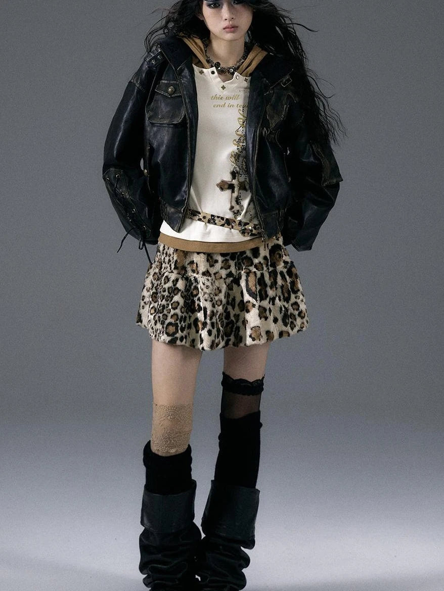 Punk Rock Furry Leopard Print Winter Fluffy Mini Skirt Dresses