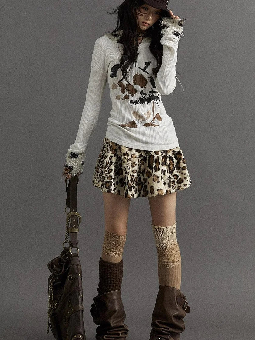 Punk Rock Furry Leopard Print Winter Fluffy Mini Skirt Dresses