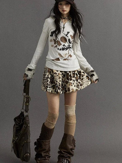 Punk Rock Furry Leopard Print Winter Fluffy Mini Skirt Dresses