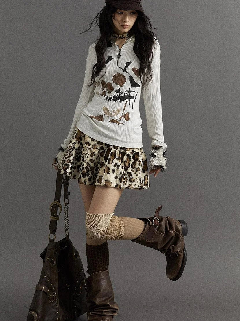 Punk Rock Furry Leopard Print Winter Fluffy Mini Skirt Dresses