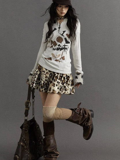 Punk Rock Furry Leopard Print Winter Fluffy Mini Skirt Dresses