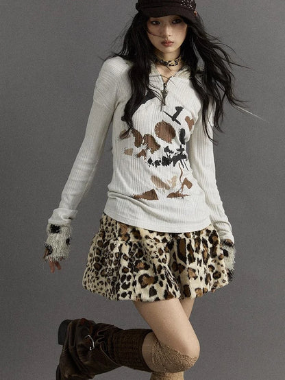 Punk Rock Furry Leopard Print Winter Fluffy Mini Skirt Dresses
