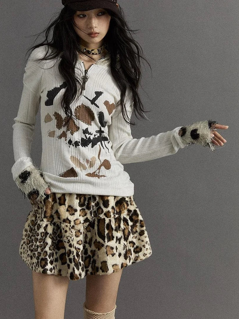 Punk Rock Furry Leopard Print Winter Fluffy Mini Skirt Dresses