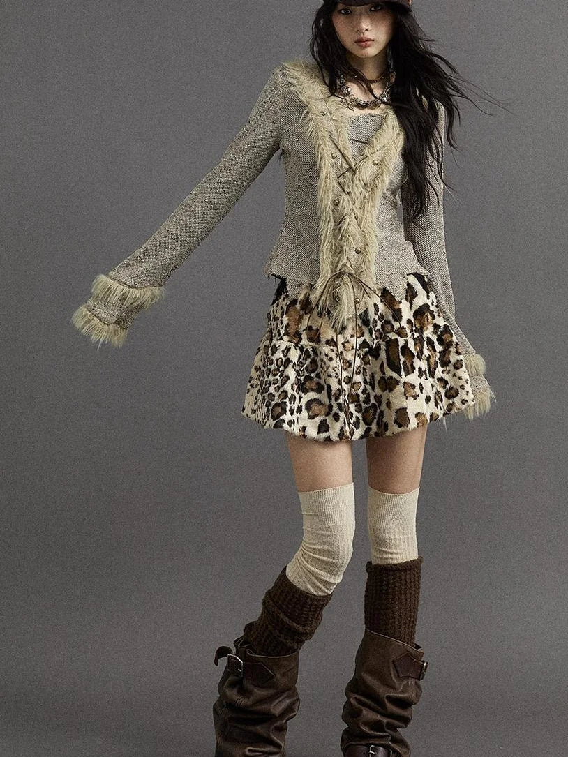 Punk Rock Furry Leopard Print Winter Fluffy Mini Skirt Dresses