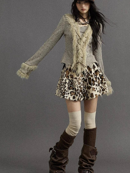 Punk Rock Furry Leopard Print Winter Fluffy Mini Skirt Dresses