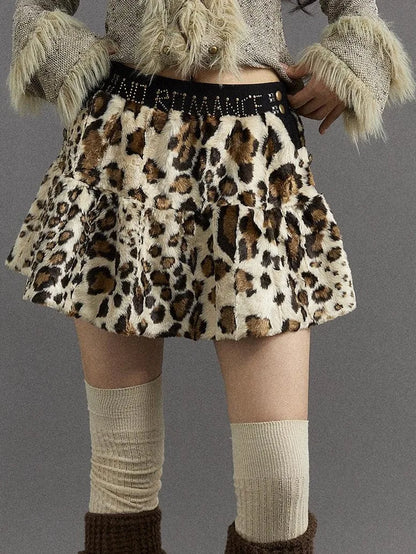 Punk Rock Furry Leopard Print Winter Fluffy Mini Skirt Dresses