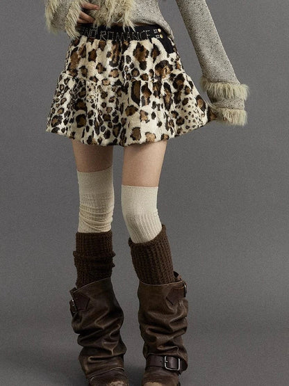 Punk Rock Furry Leopard Print Winter Fluffy Mini Skirt Dresses