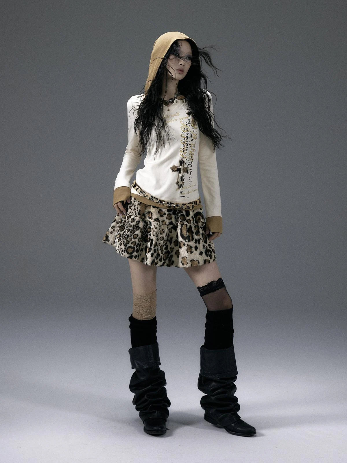 Punk Rock Furry Leopard Print Winter Fluffy Mini Skirt Dresses